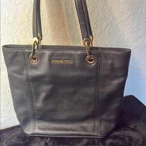 Michael Kors Black Leather Tote with Gold Accents